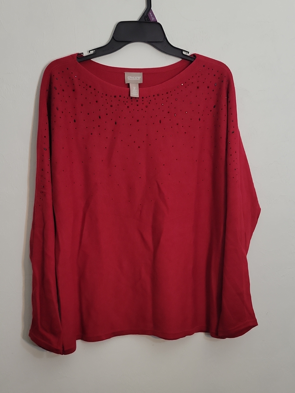 Chico's Red Long-Sleeve Embellished Boatneck Sweater